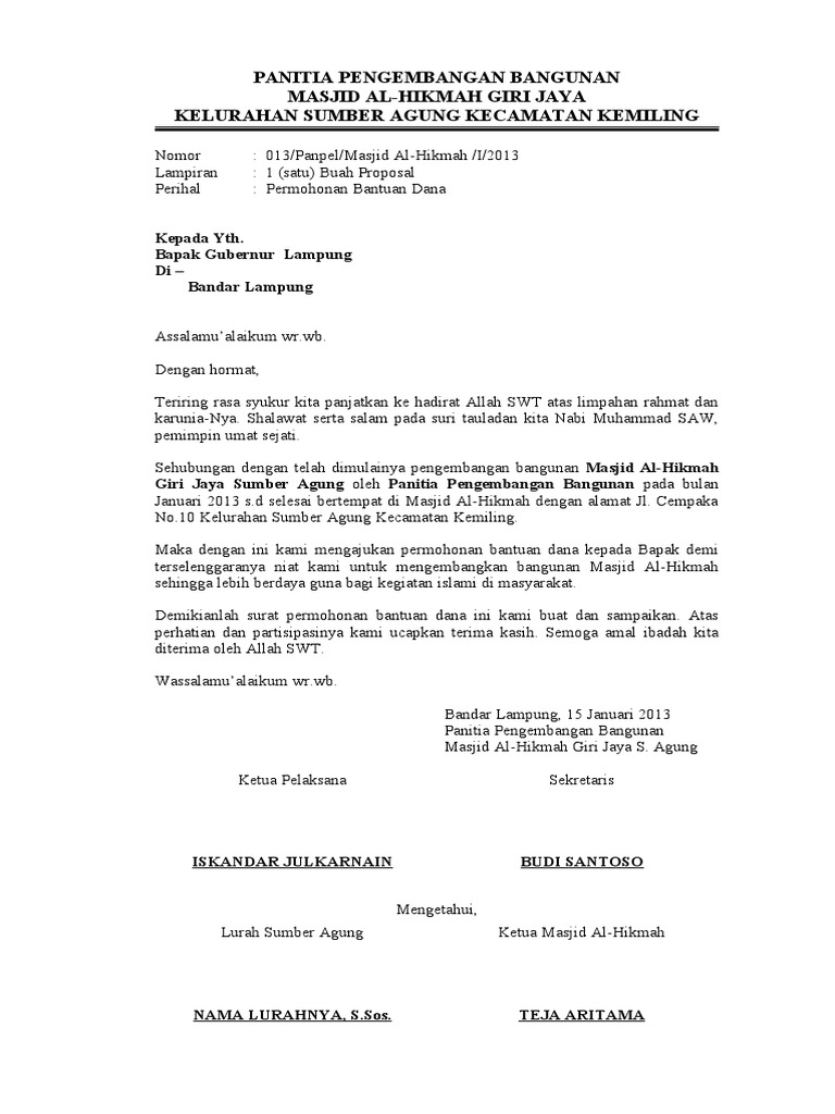 Contoh Surat Permohonan Bantuan Dana Pembangunan Masjid