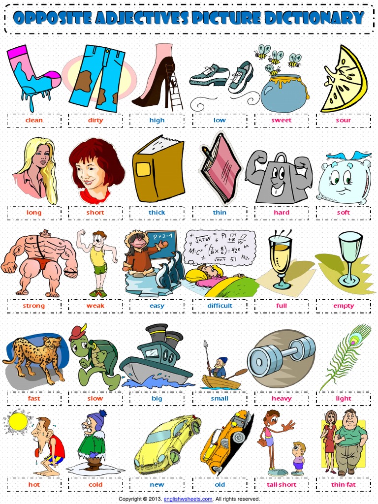 Opposite Adjectives Vocabulary Pictionary Poster Worksheet