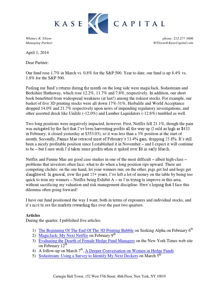 Kase Fund Letter To InvestorsQ1 14 PDF Investment Management