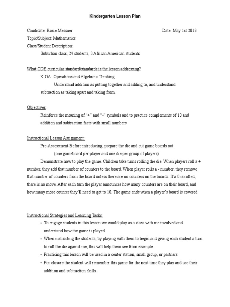 Kindergarten Math Lesson Plan: Addition & Subtraction Game | PDF ...