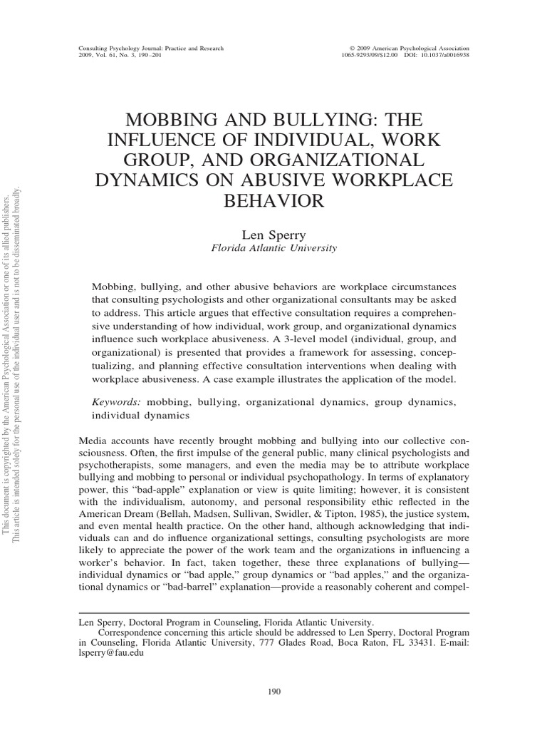 MOBBING and BULLYING - The Influence of Individual, Work Group and