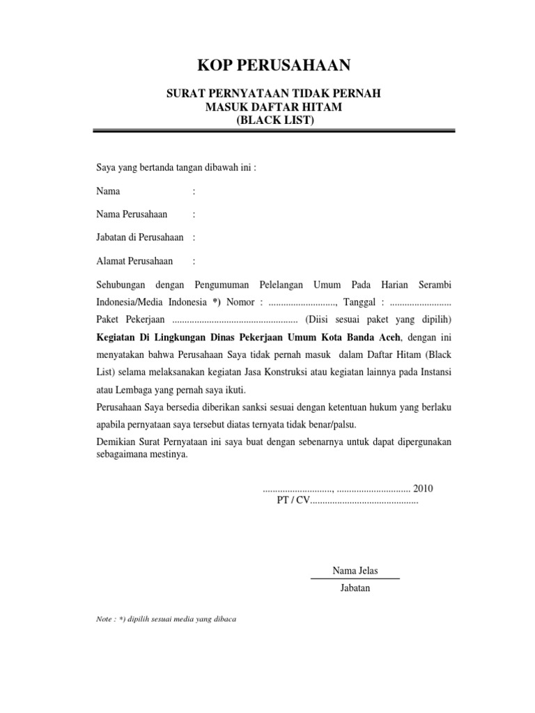 Surat Pernyataan Black List Pdf