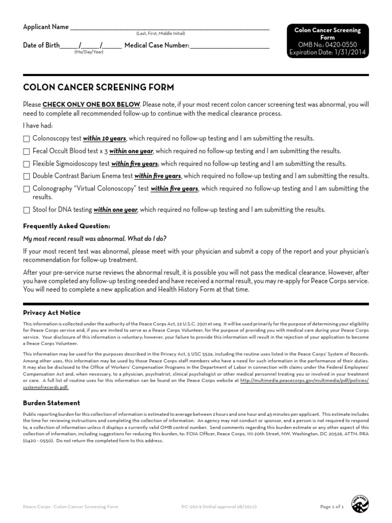 Peace Corps Colon Cancer Screening Form PC-262-9 (Initial Approval 08/ ...