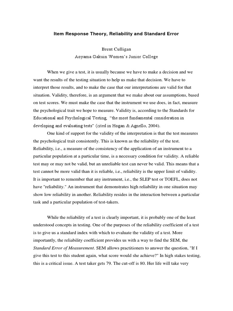 IRT and Reliability in Testing | PDF