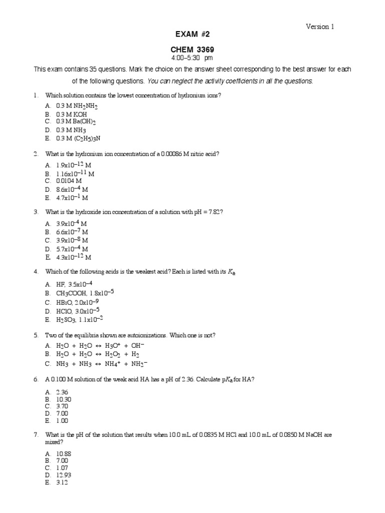 Exam 2 1 Analytical Chemistry Pdf Acid Dissociation Constant Acid