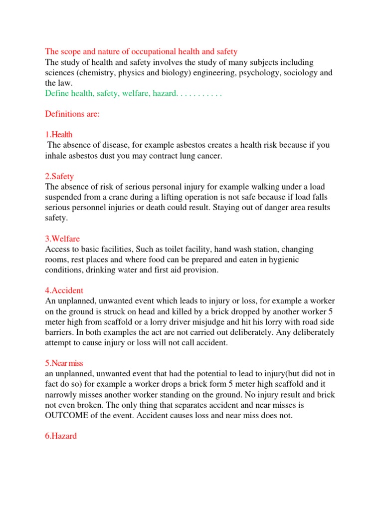 The Scope And Nature Of Occupational Health And Safety Occupational Safety And Health Employment