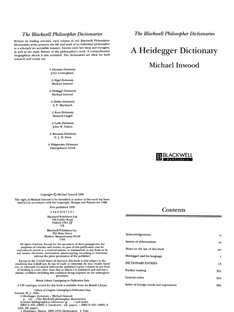 Inwood, Michael - A Heidegger Dictionary, Oxford-Malden, Blackwell 1999 | PDF