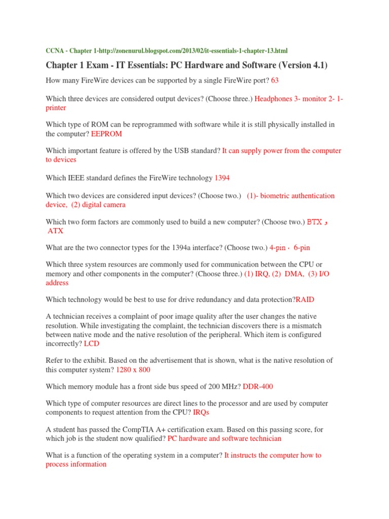 Chapter 1 Exam IT Essentials PC Hardware and Software (Version 4.1