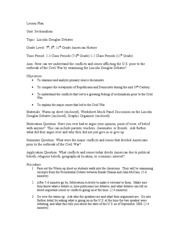 Lincoln Douglas Debates Lesson Plan Abraham Lincoln The United States