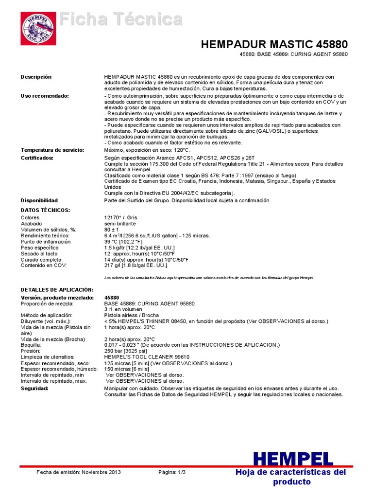 HEMPADUR MASTIC 45880 (Autoimprimante) Ficha Tecnica Aluminio Pintar