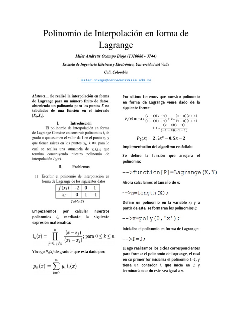 Interpolación en Forma de Lagrange PDF | PDF | Polinomio | Algoritmos
