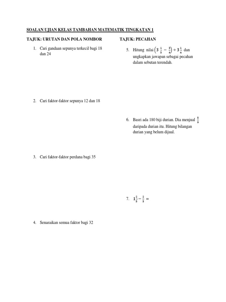 Soalan Ujian Kelas Tambahan Matematik Tingkatan 1 Pdf