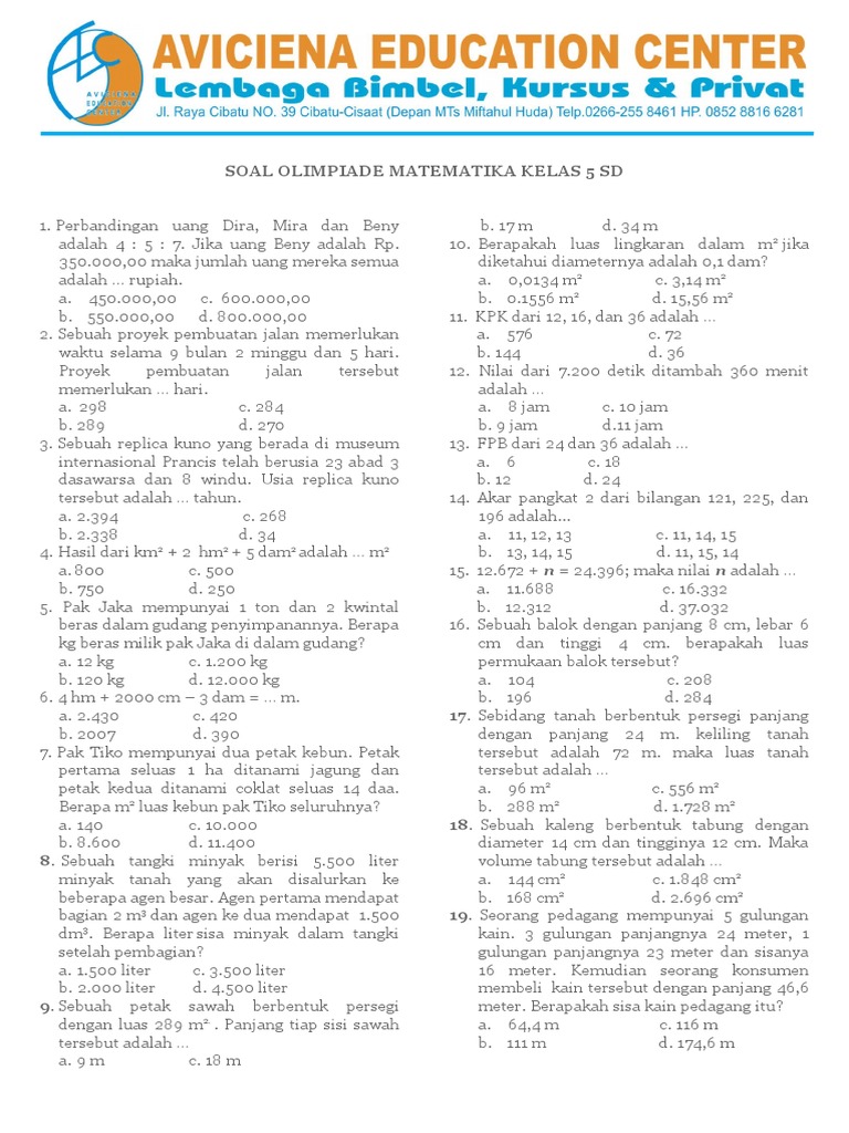 Soal Olimpiade Matematika SD PDF
