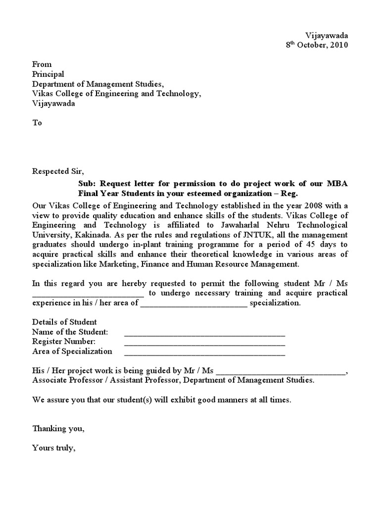 Sub request letter for permission to do project work of our mba final