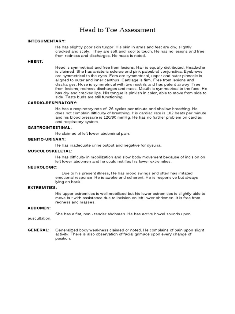 Head To Toe Assessment Written Example
