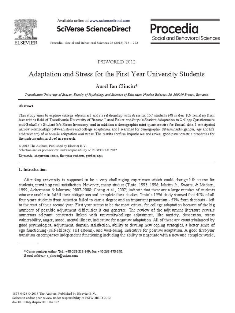 Adaptation and Stress For The First Year University Students | PDF ...
