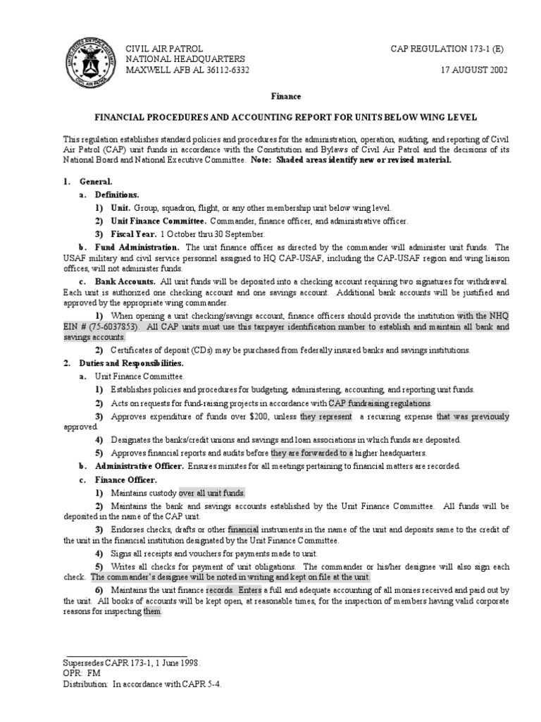 CAP Regulation 173-1: Unit Finance Procedures | PDF | Civil Air Patrol ...