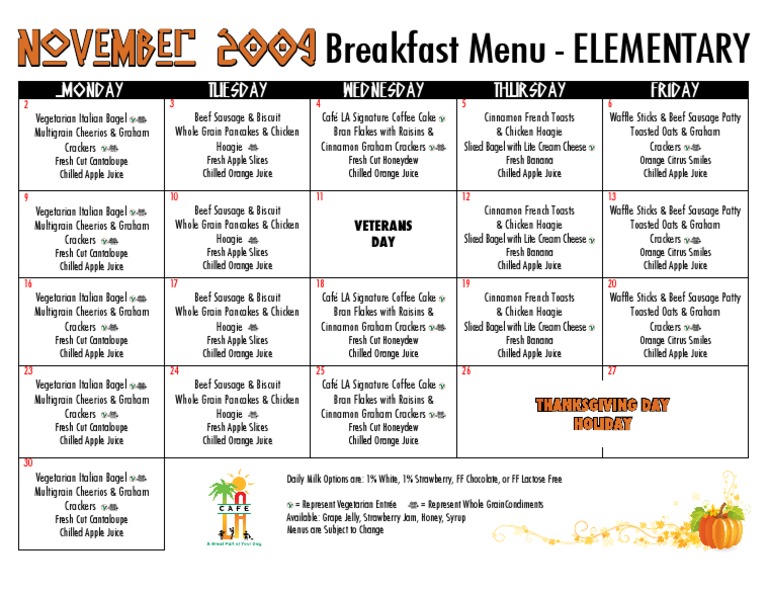 November 2009 Elementary Breakfast Menu | PDF | Pancake | Food And ...