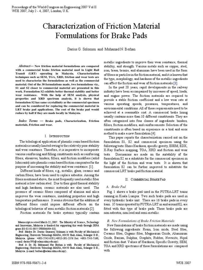 Characterization of Friction Material Formulations For Brake Pad | PDF ...