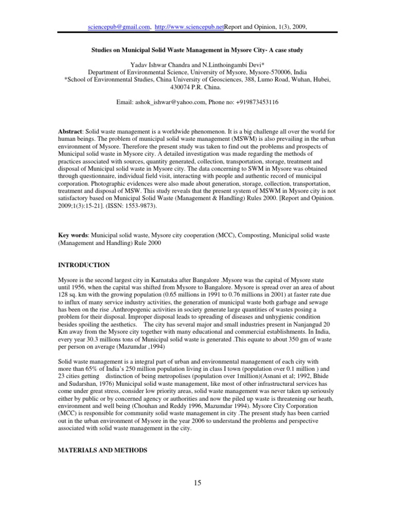 Municipal Solid Waste Management in Mysore City-A Case Study | PDF ...
