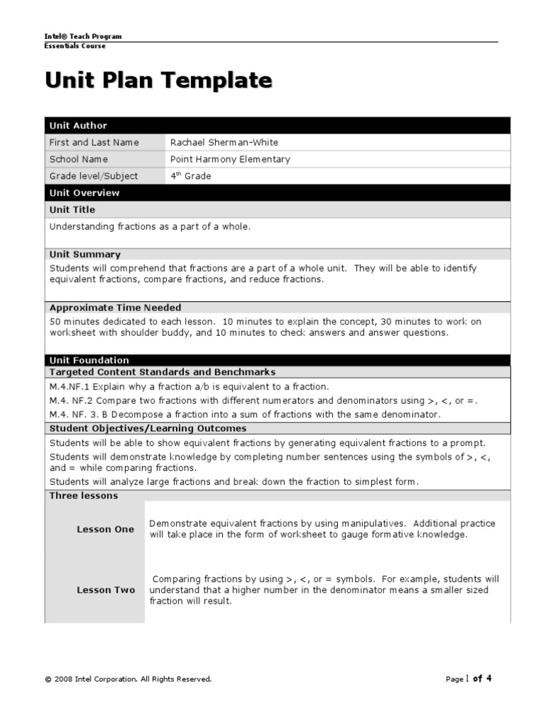 Intel Unit Plan Template 1 Edu 316 | PDF | Fraction (Mathematics ...