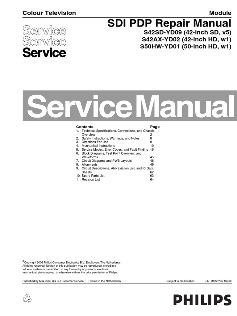 Philips Sdi-pdp s42sd Yd09 s42ax Yd02 s50hw-Yd01 Repair-manual | Power  Supply | Electrostatic Discharge
