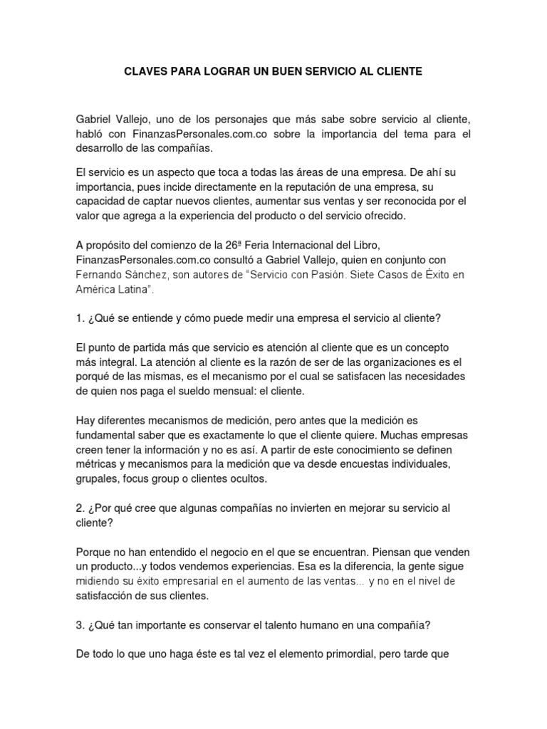Claves para Lograr Un Buen Servicio Al Cliente PDF | PDF | Cliente ...