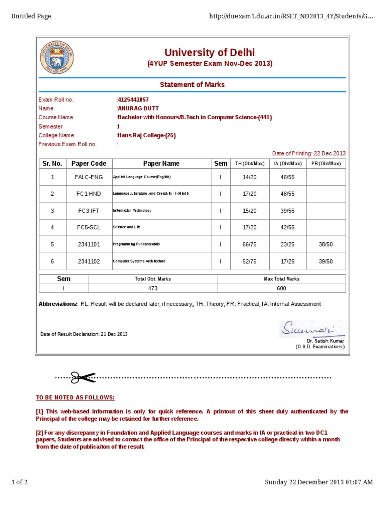 Delhi University B.Tech Semester I Marks | PDF | Technology & Engineering