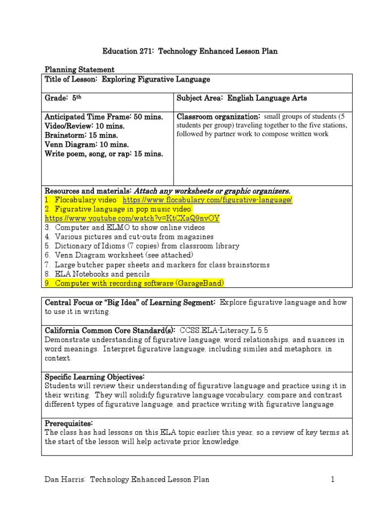 Tech Enhanced Lesson Plan | PDF | Lesson Plan | Metaphor