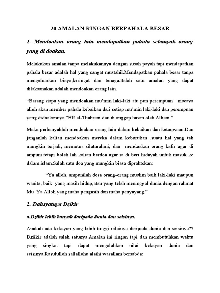 20 Amalan Ringan Berpahala Besar
