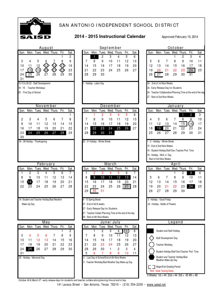 Saisd Calendar 2022 Saisd 2014-15 Instructional Calendar | Pdf | Holidays | Observances