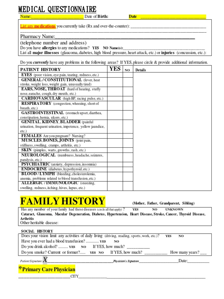 Comprehensive Medical History Questionnaire | PDF | Diabetes Mellitus ...