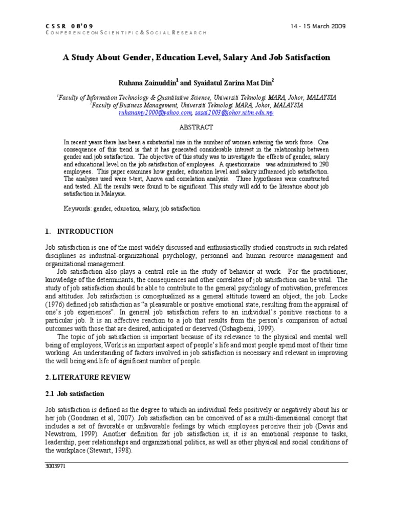 Gender, Salary, and Job Satisfaction Study | PDF | Job Satisfaction ...