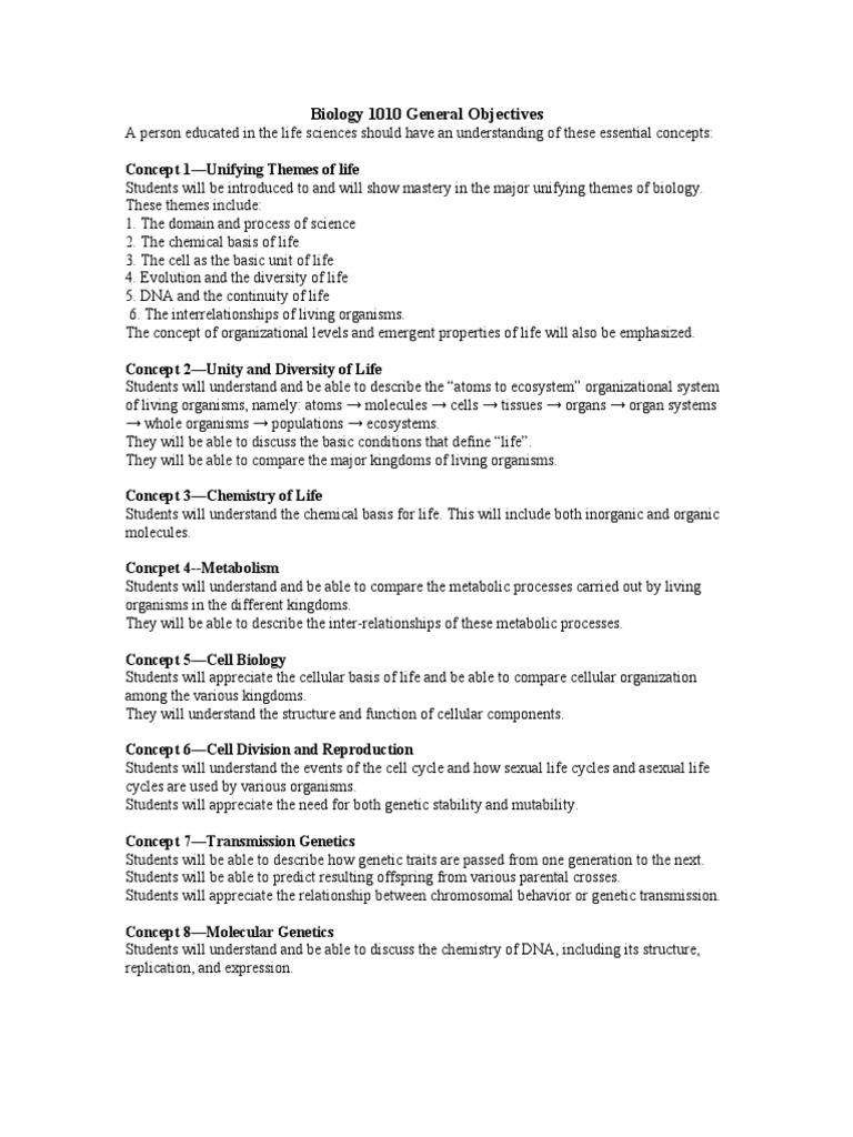 biology 1010 general objectives Life