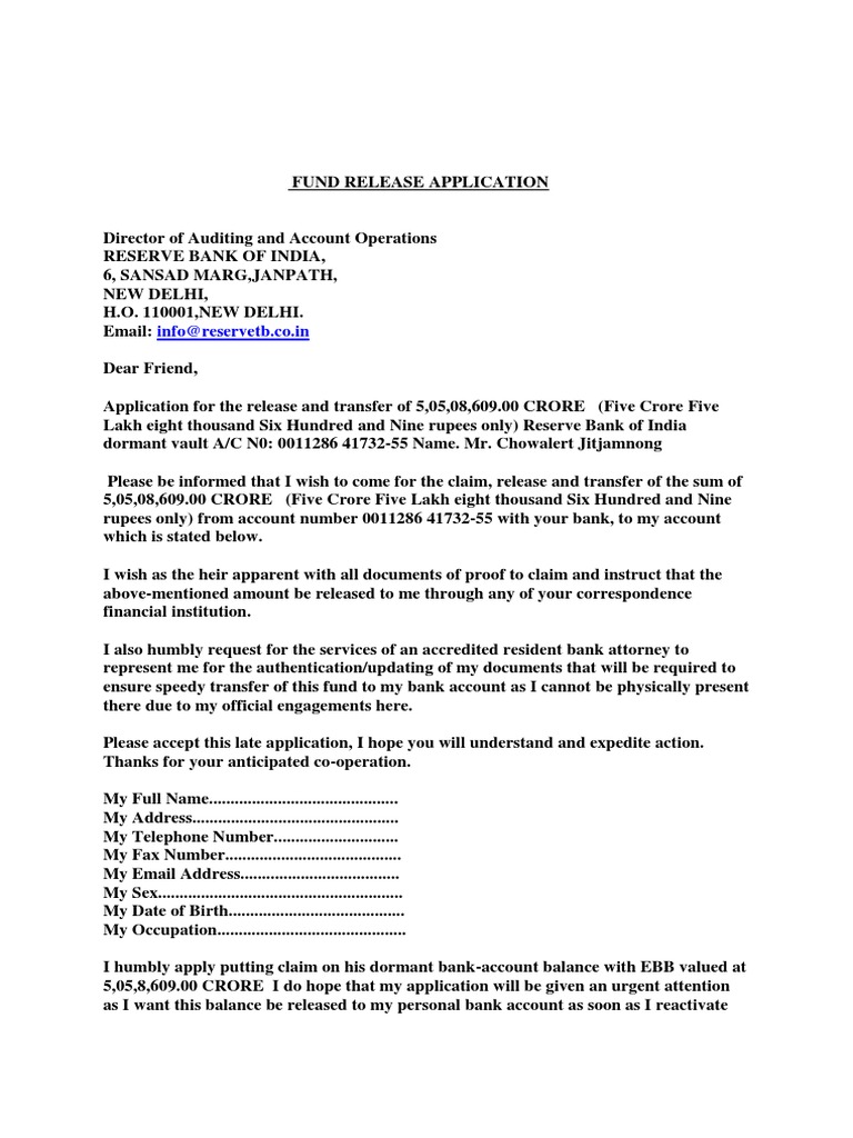 Fund Release Application Inforeservetb Co.in PDF Reserve Bank