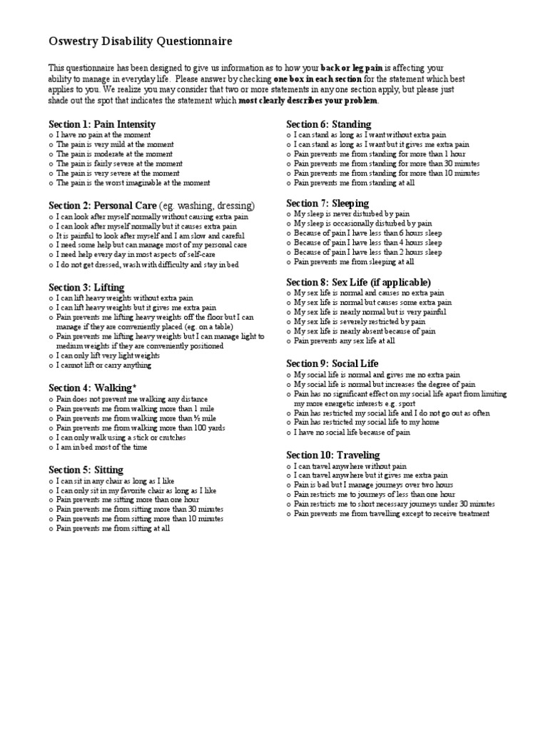 Oswestry Disability Questionnaire Guide | PDF | Pain | Psychology