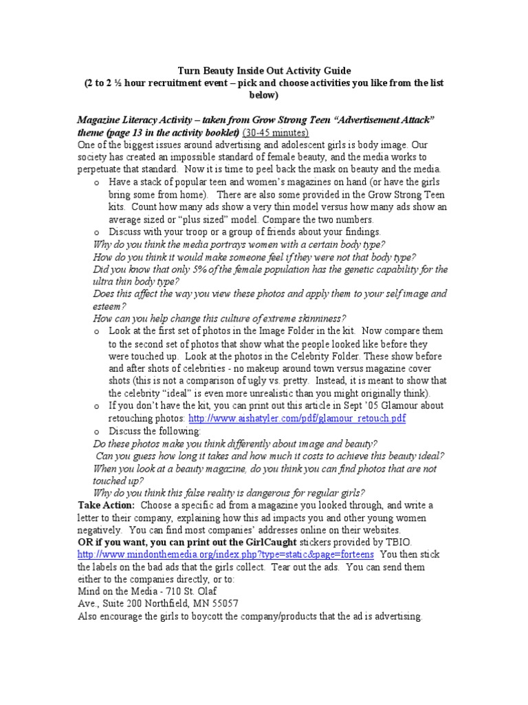 Turn Beauty Inside Out Activity Guide | PDF | Body Image | Advertising