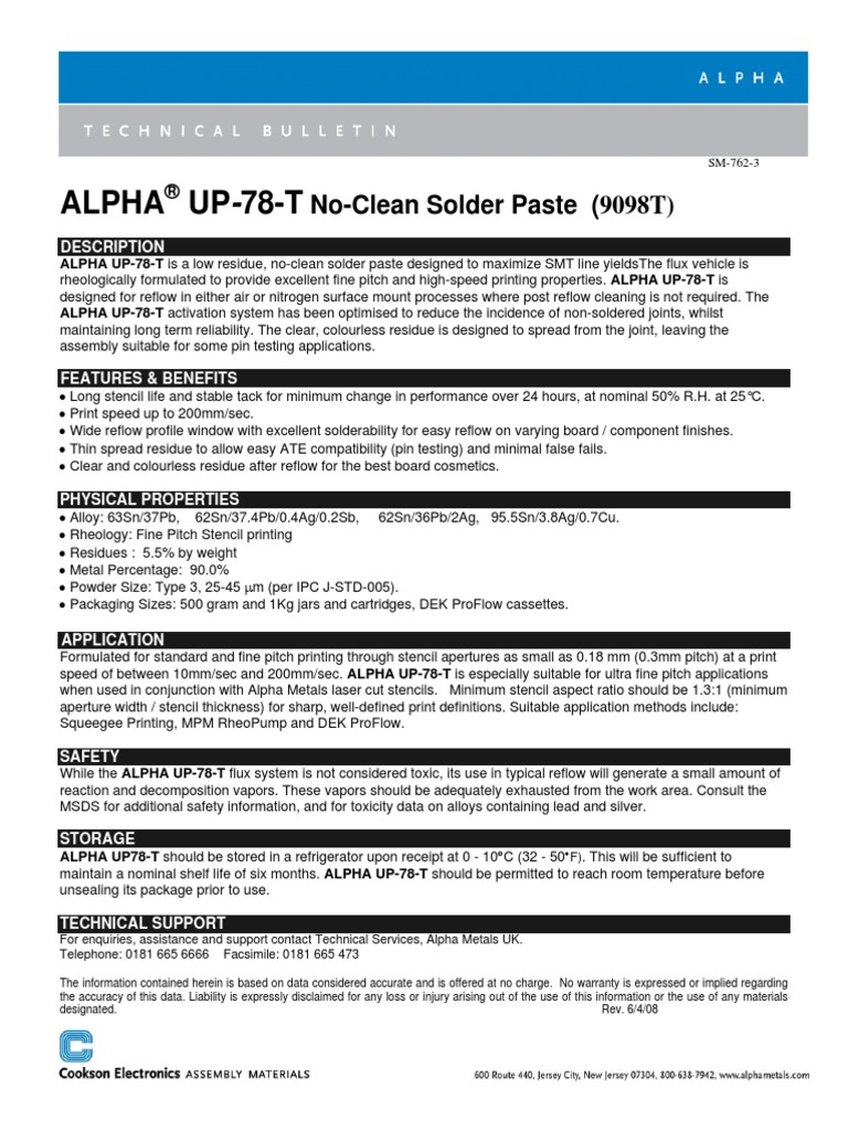 Alpha NoClean Solder Paste (9098T) PDF Building Engineering