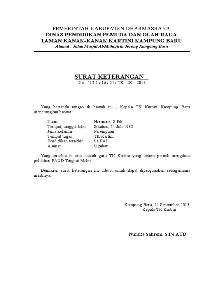 Surat Keterangan Mengikuti Pelatihan Paud Harmaizi