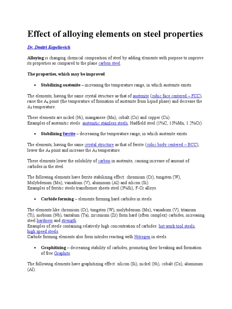 Effect of Alloying Elements On Steel Properties PDF Steel Alloy