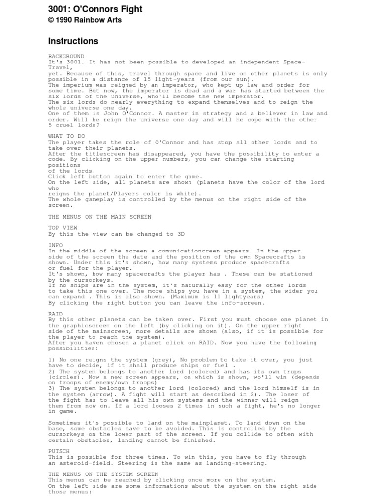 AMIGA - 3001 O'Connors Fight Manual | PDF | Menu (Computing) | Video Games
