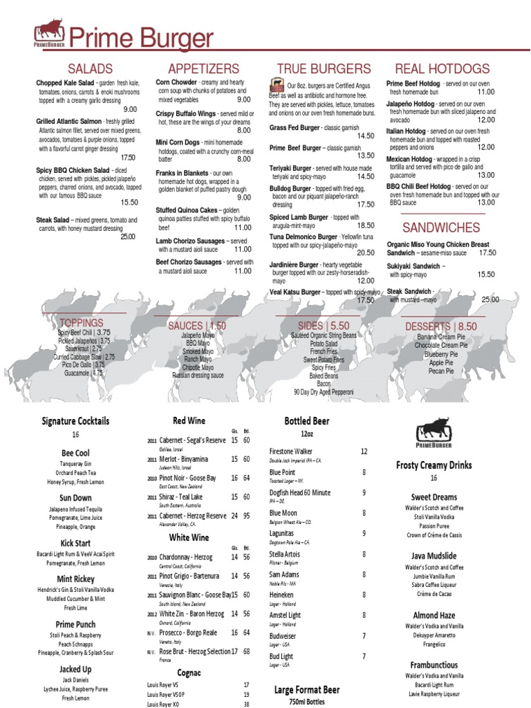 Prime Burger Menu: Salads, Burgers, Sides | PDF | Hamburgers | Hot Dog