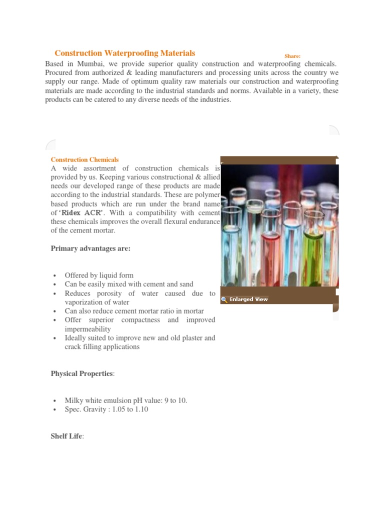 Waterproofing Materials for Construction | PDF | Concrete | Mortar ...