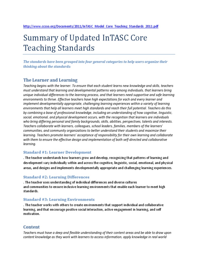 InTASC Core Teaching Standards Overview | PDF | Educational Assessment ...