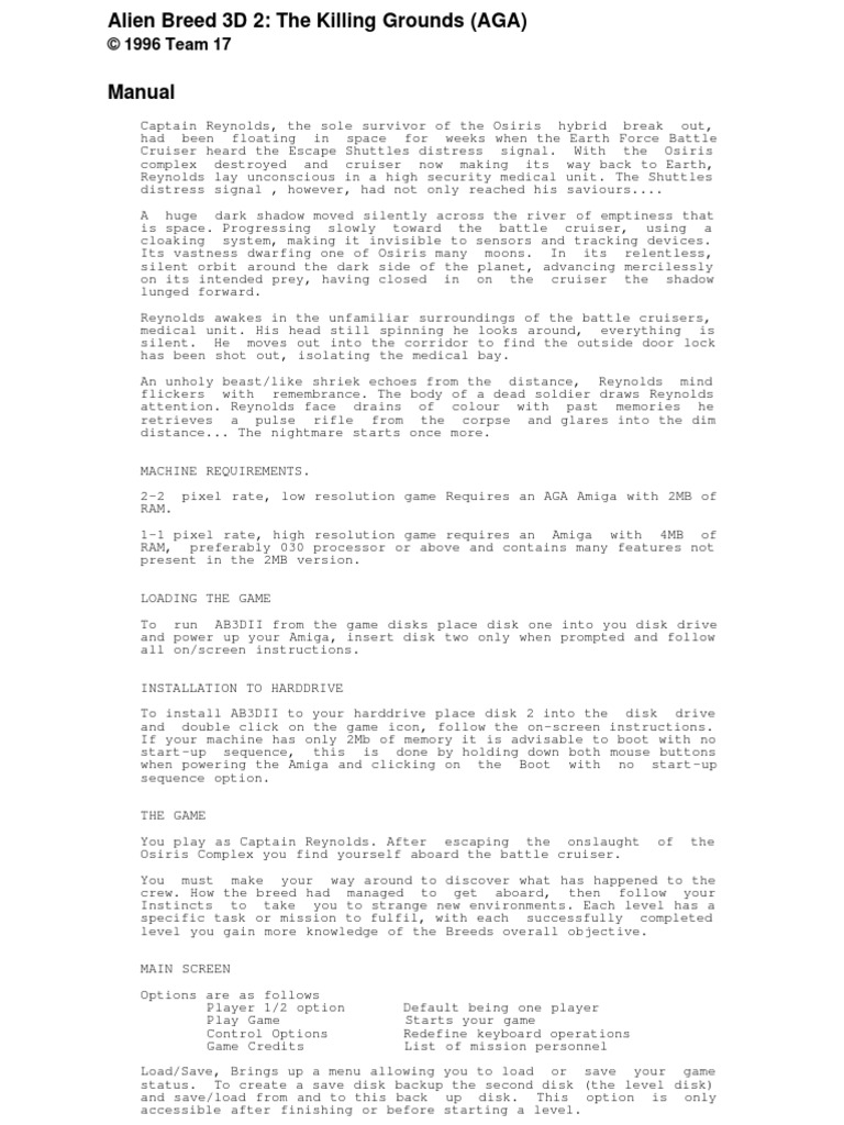 AMIGA - Alien Breed 3D 2 The Killing Grounds (AGA) Manual | PDF ...