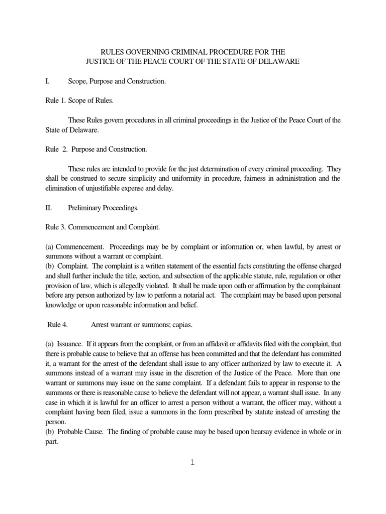 Rules Governing Criminal Justice Of The Peace Of State Of Delaware