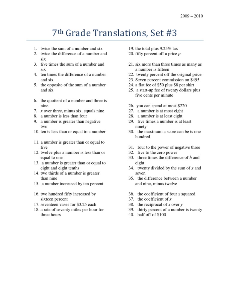 7th Grade Translations Set 3 And Key Numbers Payments