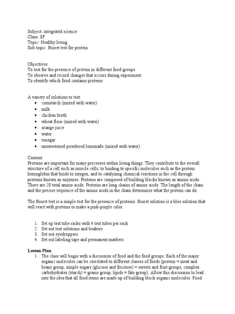 Food Test Biuret Test For Protein PDF Proteins Biology