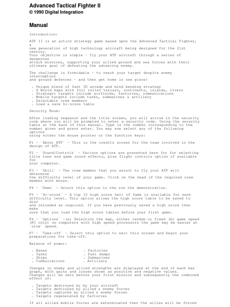 AMIGA - Advanced Tactical Fighter II Manual | PDF | Interceptor ...