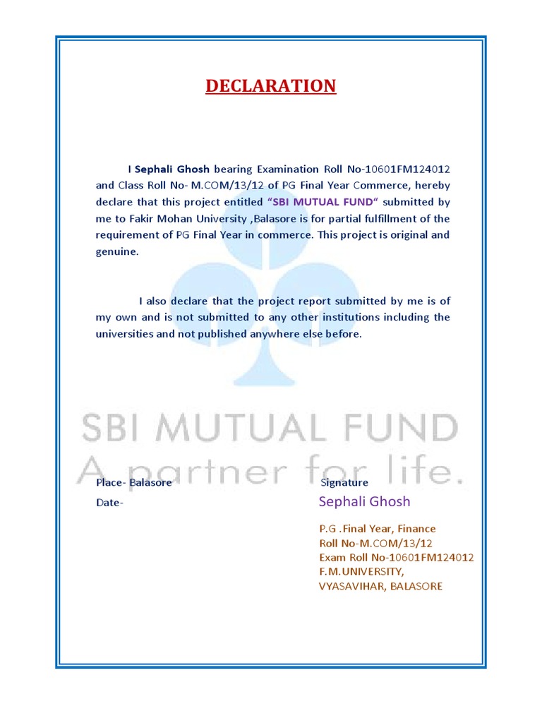 SBI Mutual Fund Project Declaration | PDF | Career & Growth | Business